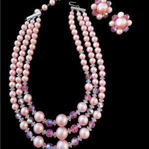 Vintage 1960s Pink Crystal And Pearlized Beaded Necklace and Earrings Set